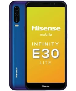 Front and back view of the Hisense Infinity E30 Lite - Blue color, dual cameras.