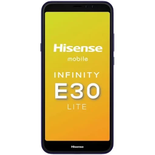 Front view of the Hisense Infinity E30 Lite - Yellow screen, front camera, side buttons.
