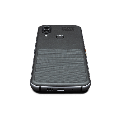 Bottom view of the CAT S62 Pro smartphone showing USB Type-C and headphone jack ports, as well as speaker grilles. The CAT logo is visible on the top center of the device. for sale now at budgetcellular.co.za