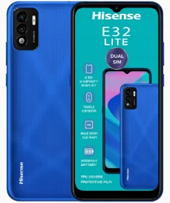 Front and back view of the blue Hisense Infinity E32 Lite smartphone