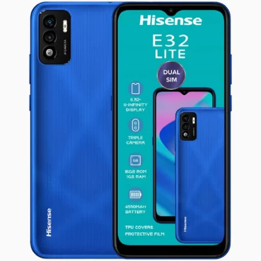 Front and back view of the blue Hisense Infinity E32 Lite smartphone