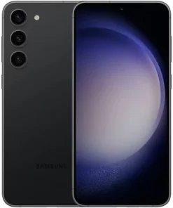 S23 product image in phantom Black. picture shows triple camera and screen
