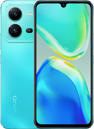 Back and front view of the Vivo v25 5g aquamarine blue with triple camera