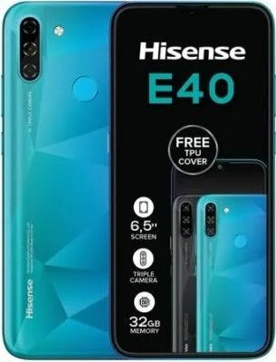 Front and back view of the Hisense E40, a bright blue smartphone with dual cameras.