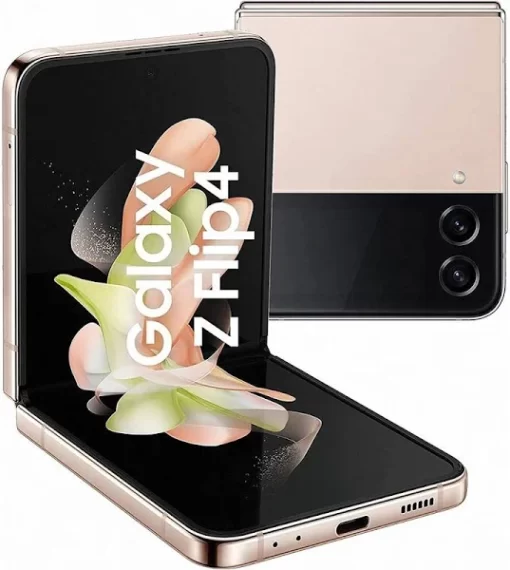 Samsung Z-flip 4 5G Pink gold, folded half way with back and front of phone showing