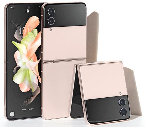 Samsung Galaxy Z-flip 4 in Pink gold at all angles: front, back and folded with camera showing
