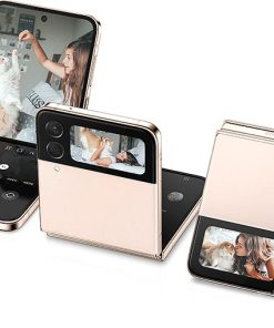 Samsung Galaxy Z-Flip 4 pink gold with camera display showing from the front main screen and the back mini screen next to camera lenses