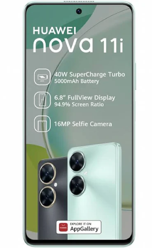 Huawei Nova 11i starry black full screen display with specs on screen