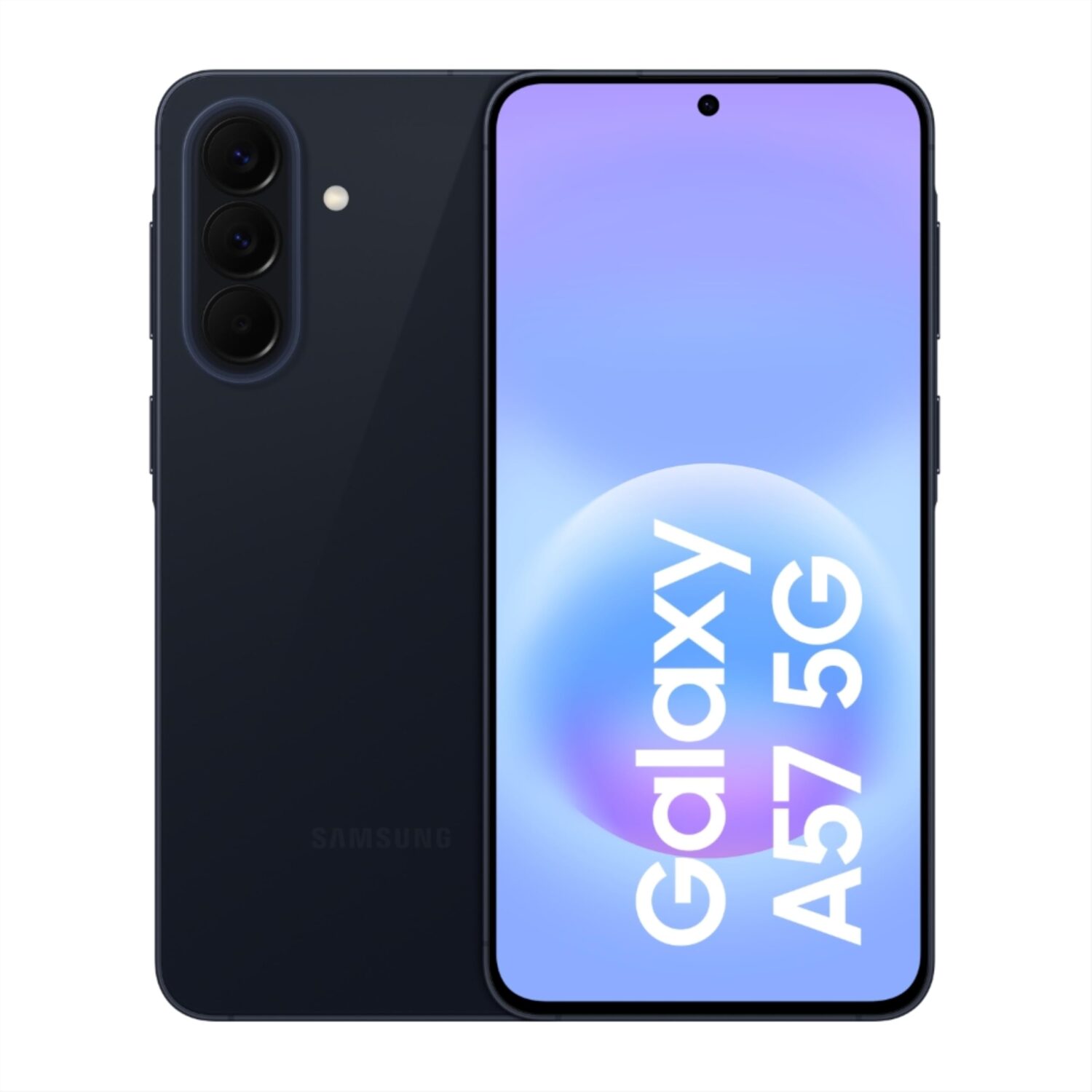 Samsung Galaxy A57 cell phone front and back views including cameras