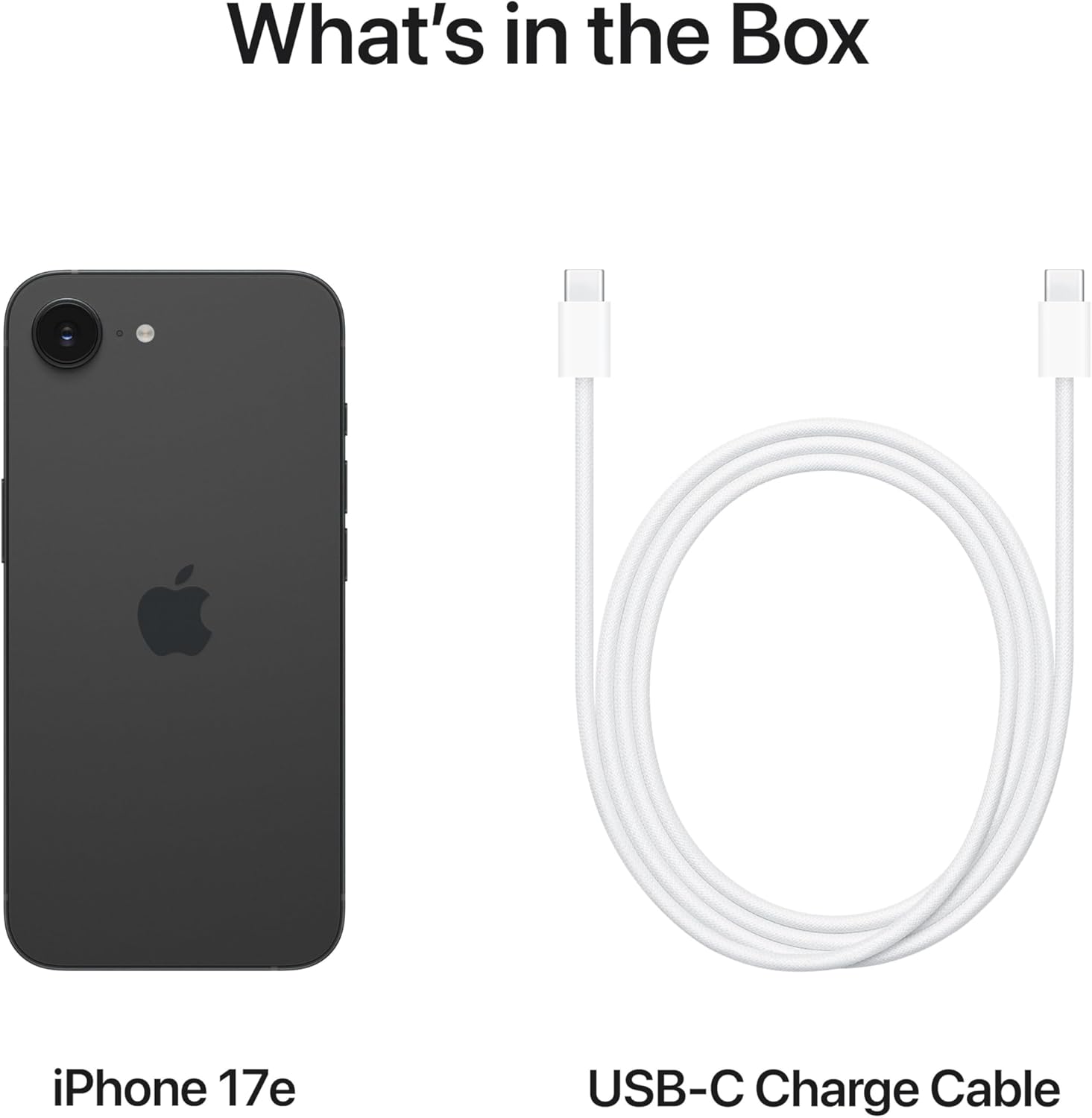 Apple iPhone 17e full back view with cameras and view of the charging cable