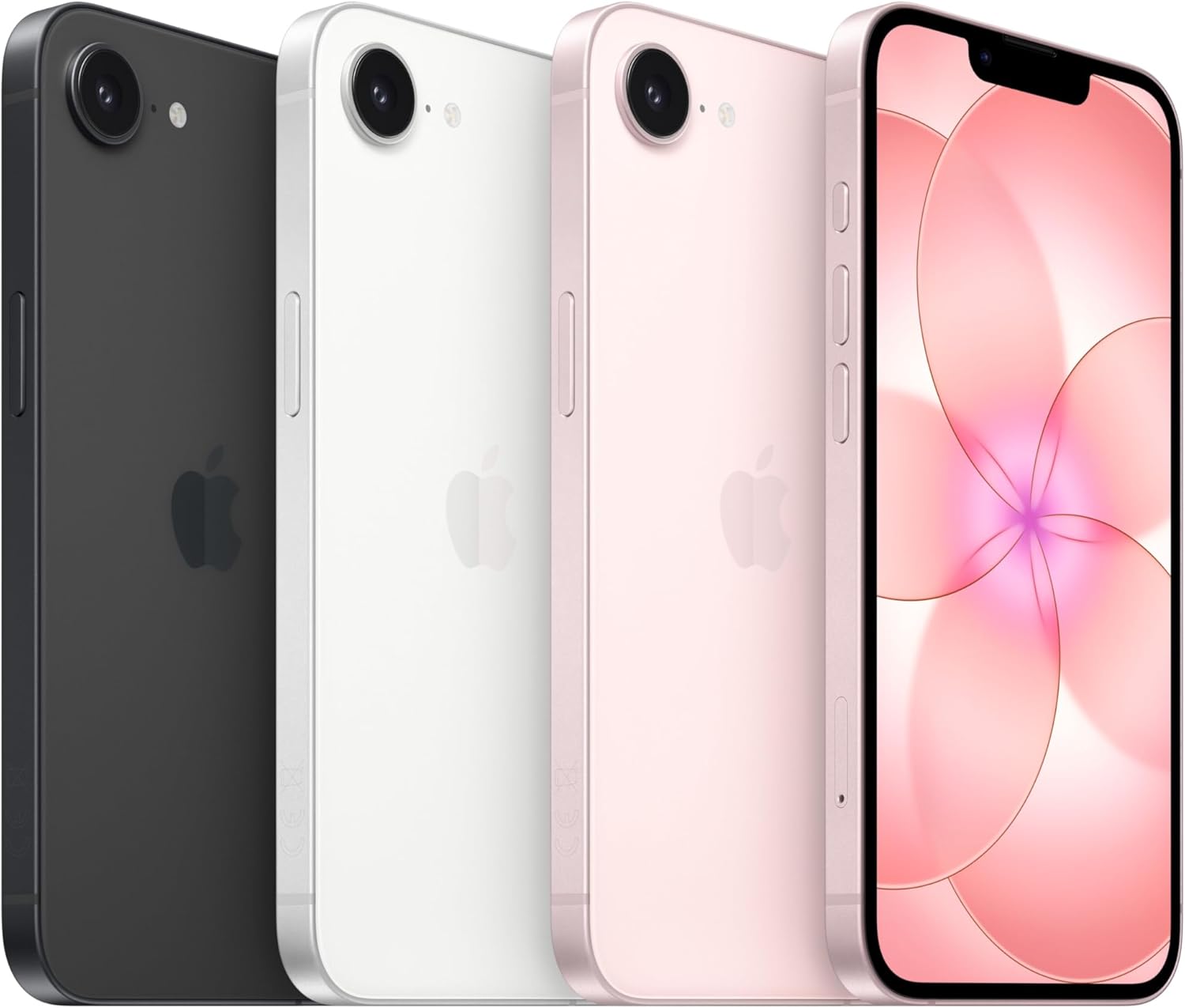 Apple iPhone 17e in different colours with side and back views including flash and cameras and one front view